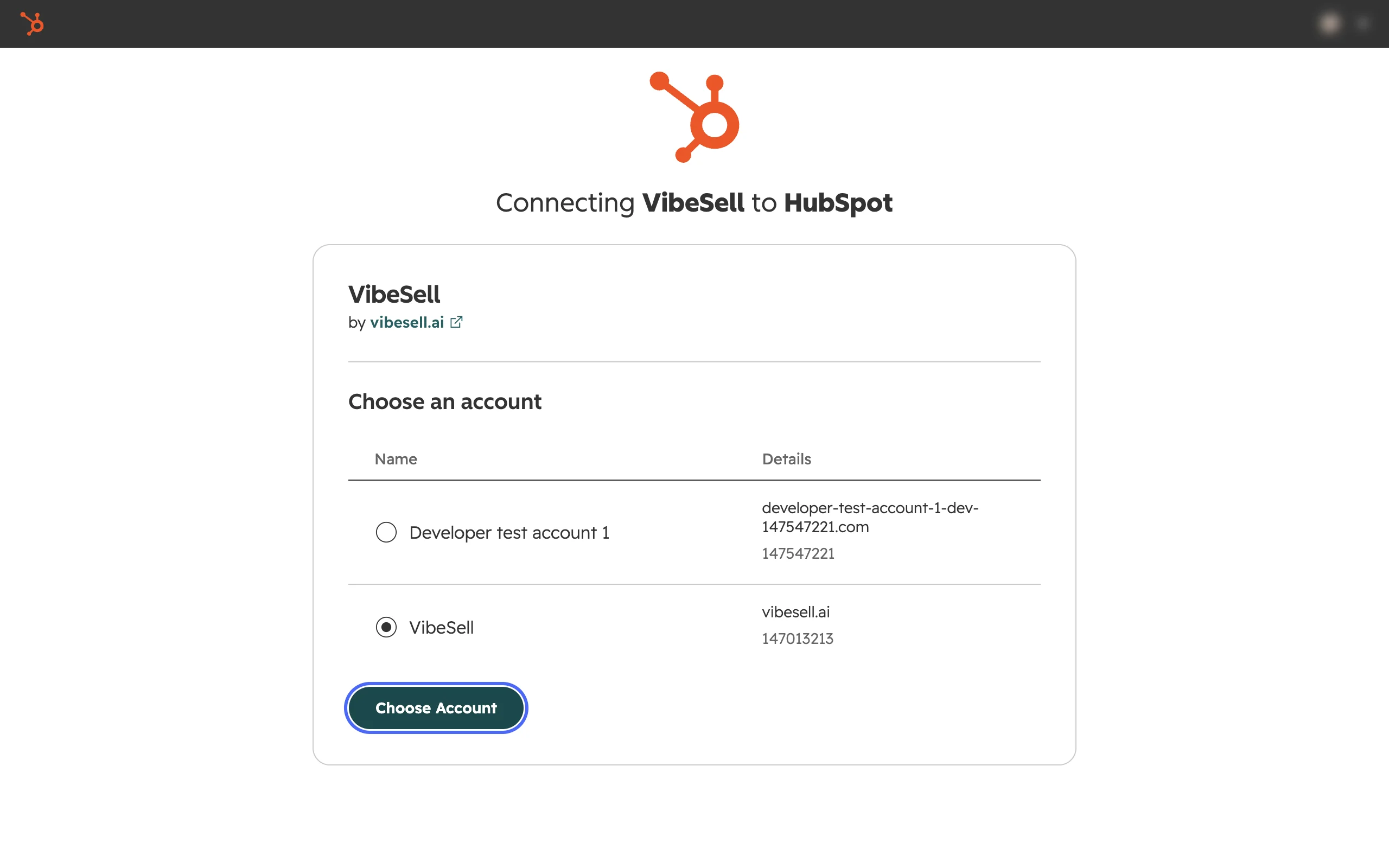HubSpot Connecting VibeSell to HubSpot screen with an account selected and the Choose Account button highlighted