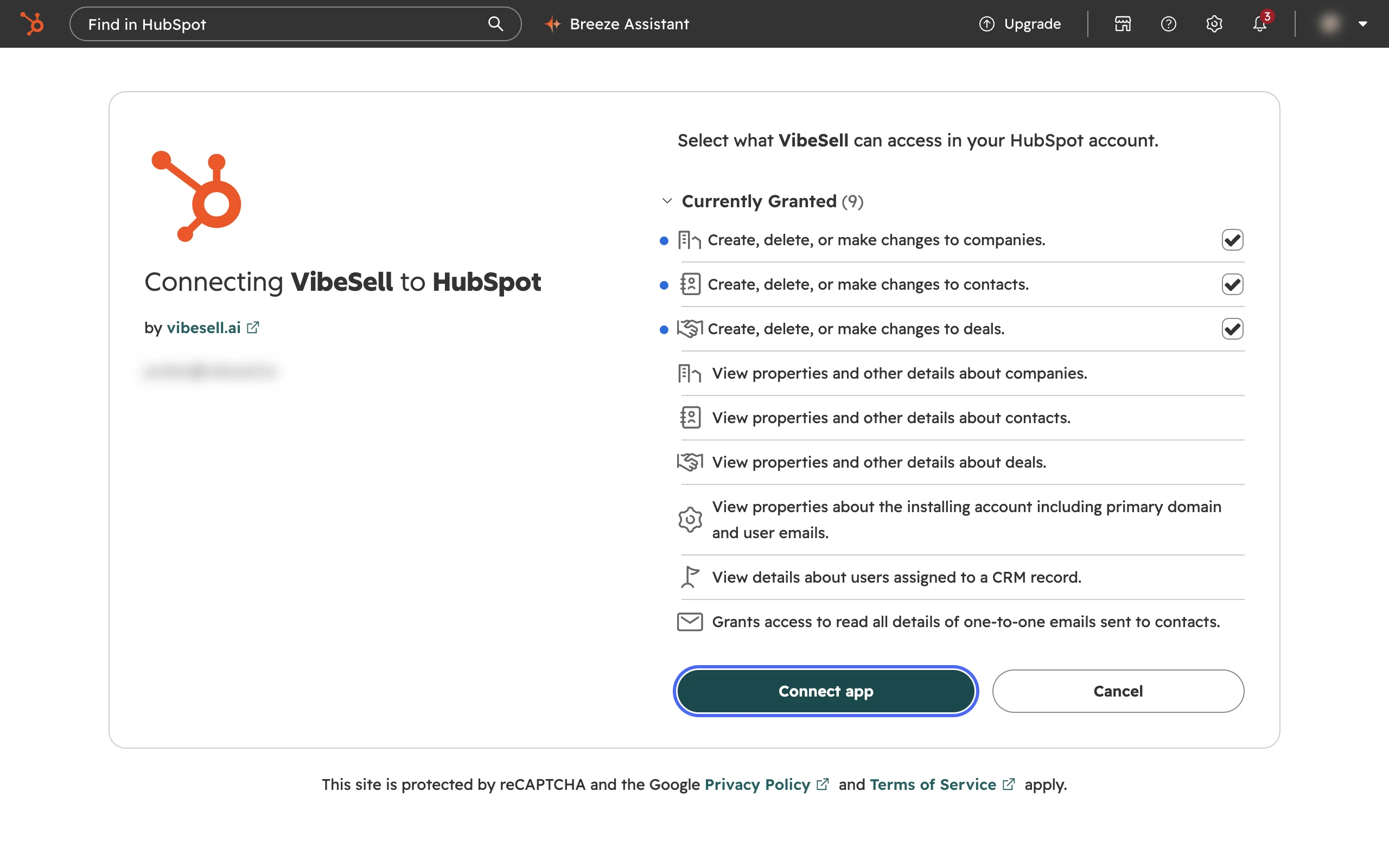 HubSpot consent screen listing what VibeSell can access, with the Connect app button highlighted