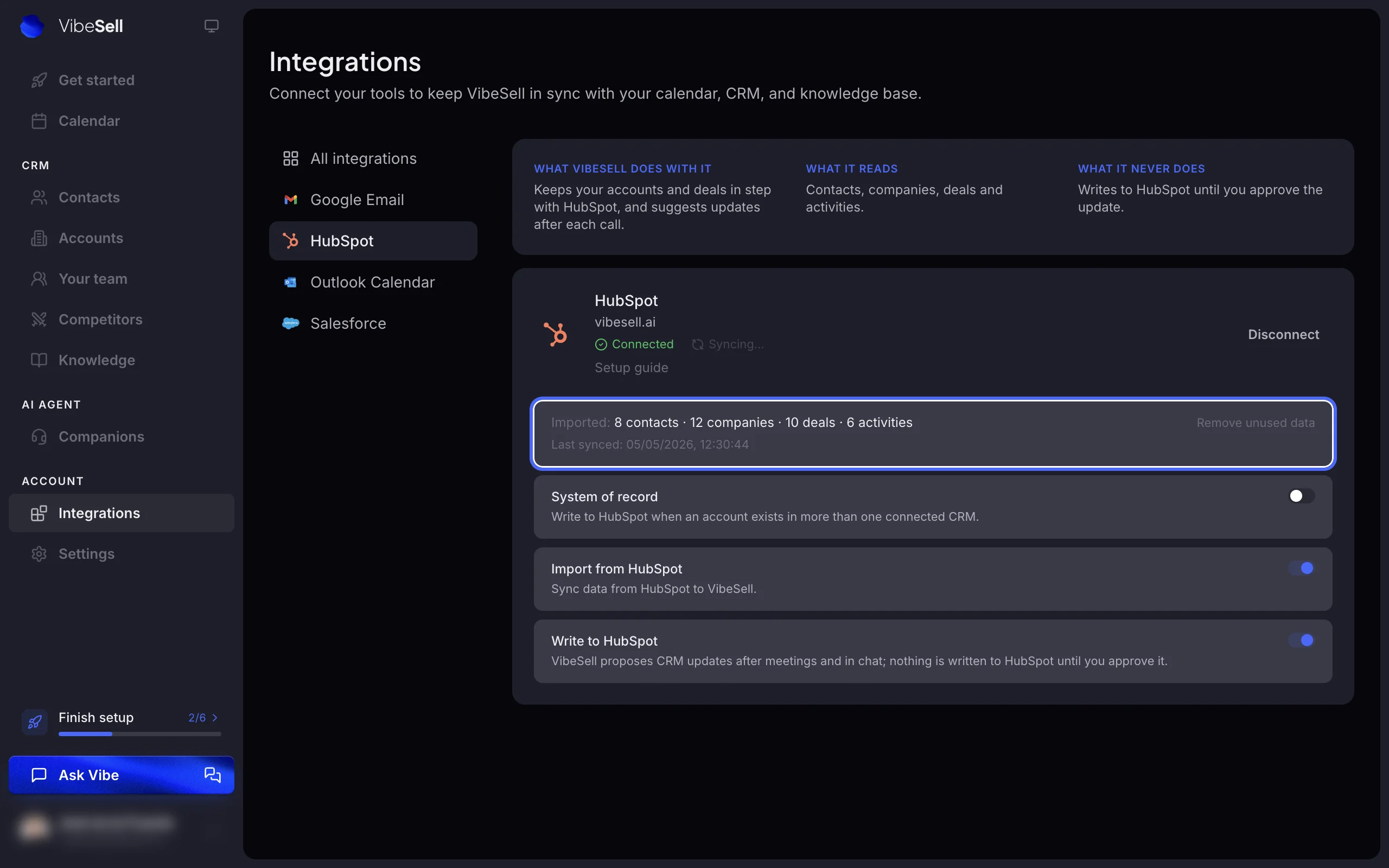 VibeSell HubSpot integration page showing HubSpot connected, with the count of imported contacts, companies, deals and activities highlighted